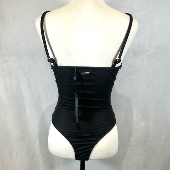 Maniere de Voir sleek & sexy contour black leather contrast bodysuit size 2 NWT - Picture 3 of 8